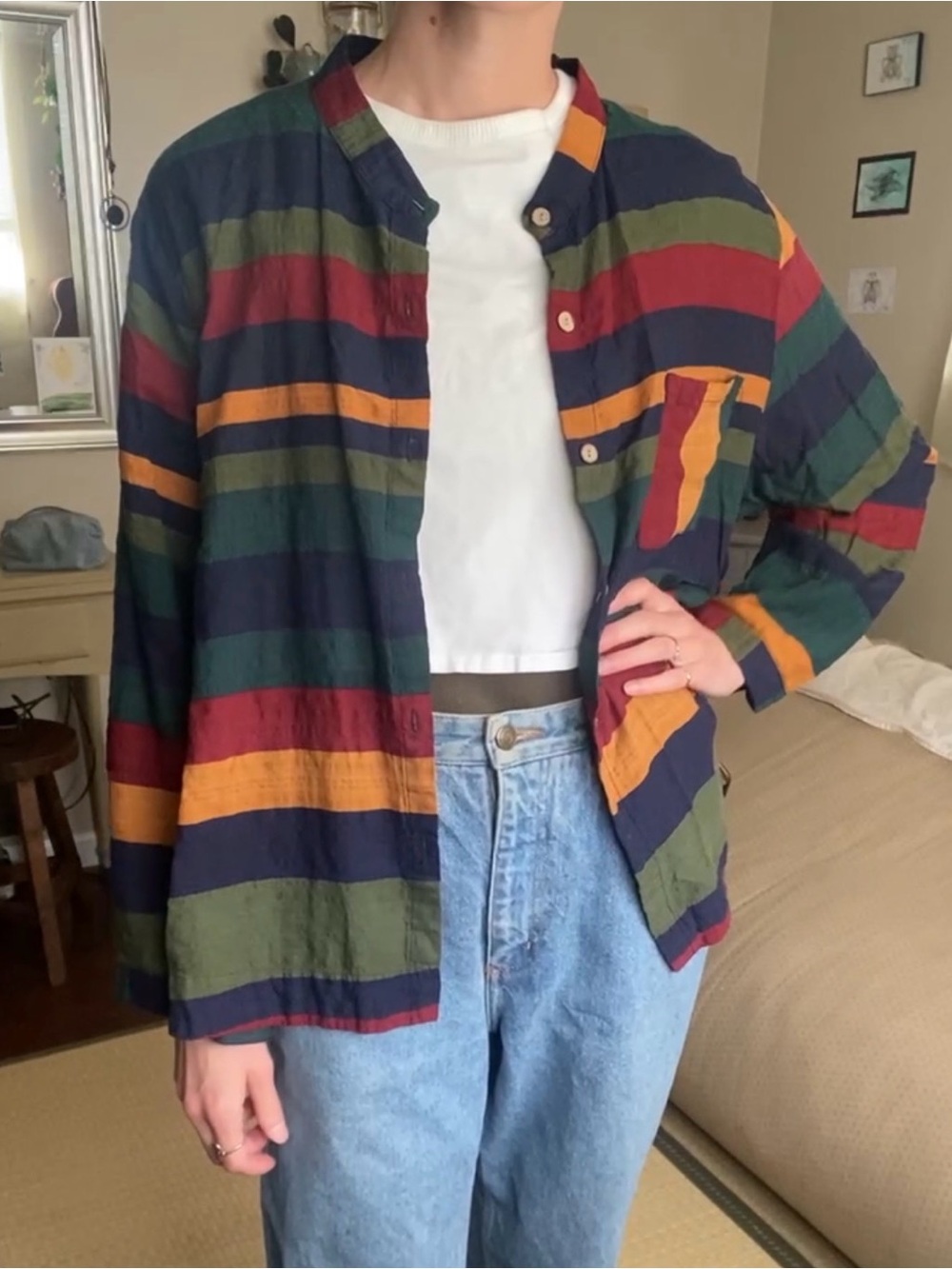 Bold Striped Earthy Jewel Tone Collarless Shirt Jacket